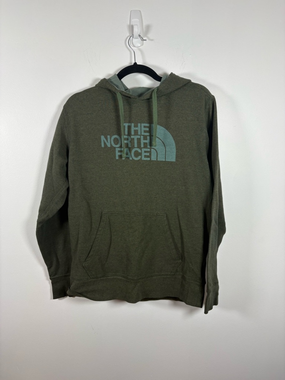 The North Face Olive Green Hoodie with Light Blue Logo